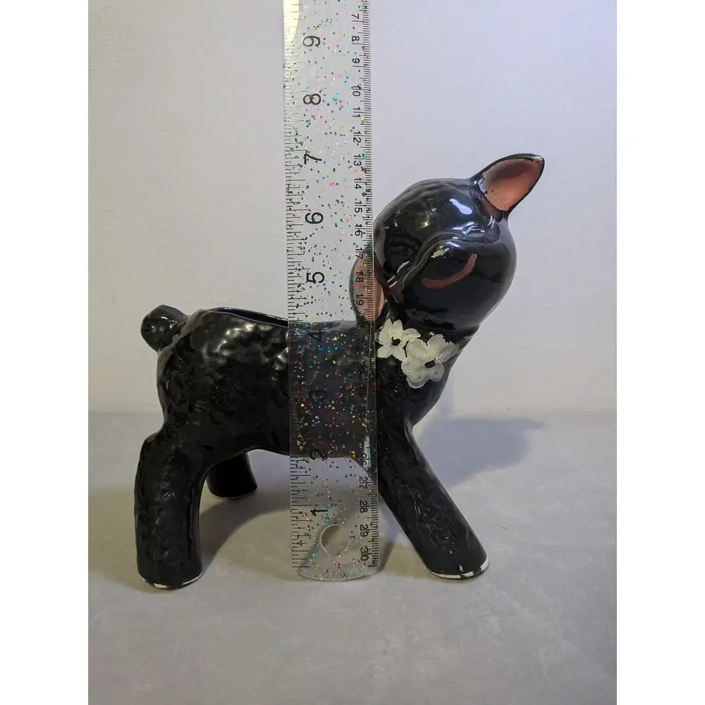 Vintage 1950s Black Lamb Ceramic Planter Kitsch Sheep Pot - AS IS / Worn